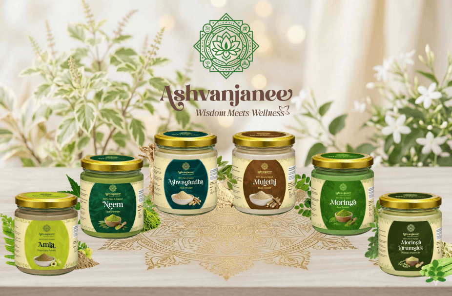 Ashvanjanee herbal raw powders collection with amla, neem, ashwagandha, mulethi, moringa, and moringa drumstick